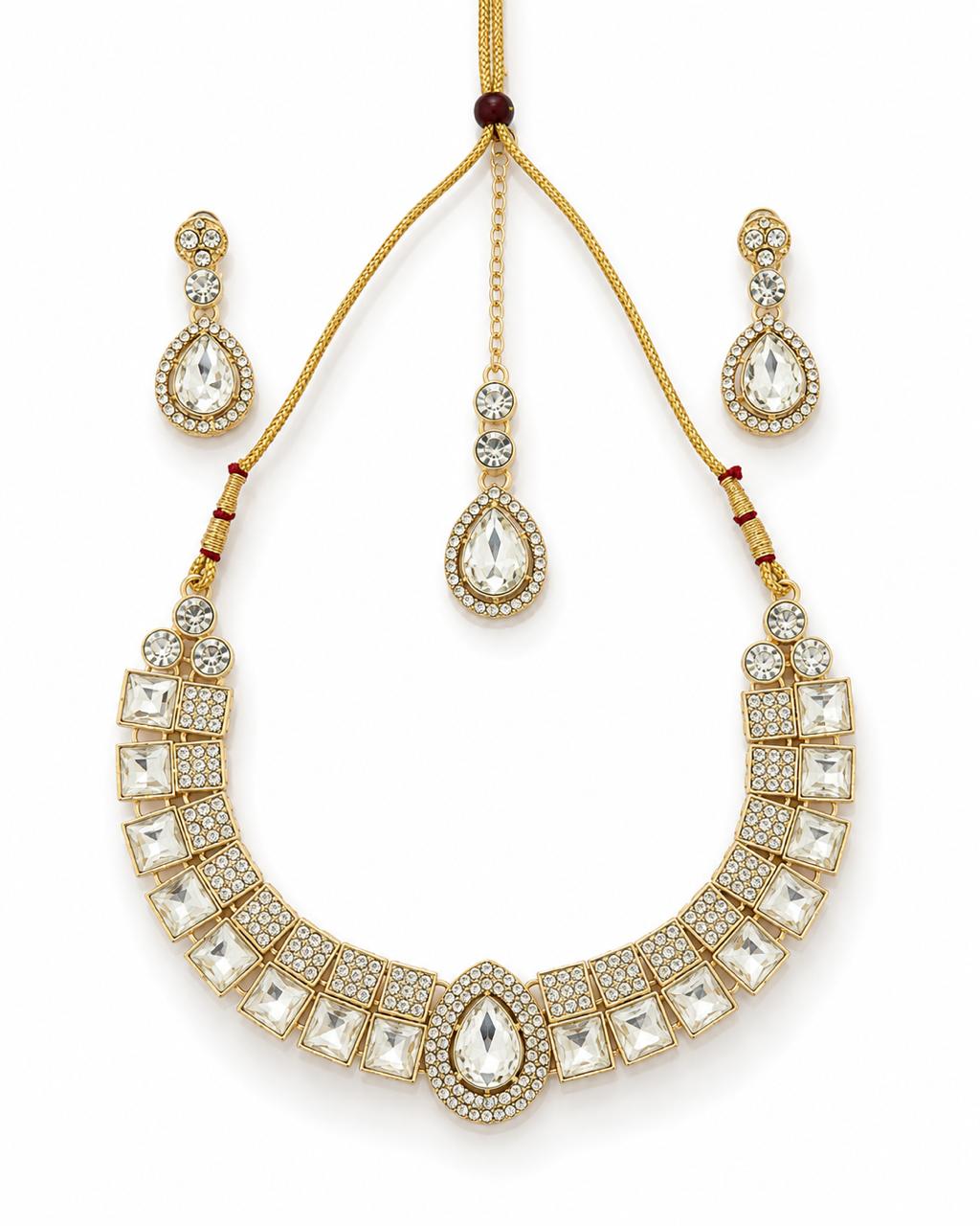 Traditional Golden Color Crystal Necklace Set - Image 5