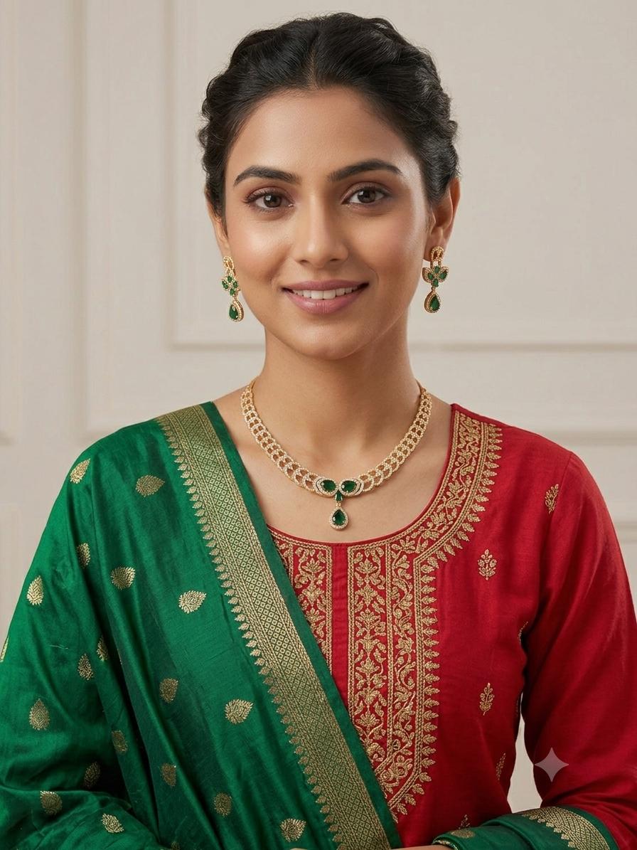 Golden color emerald green jewelry set - Image 4
