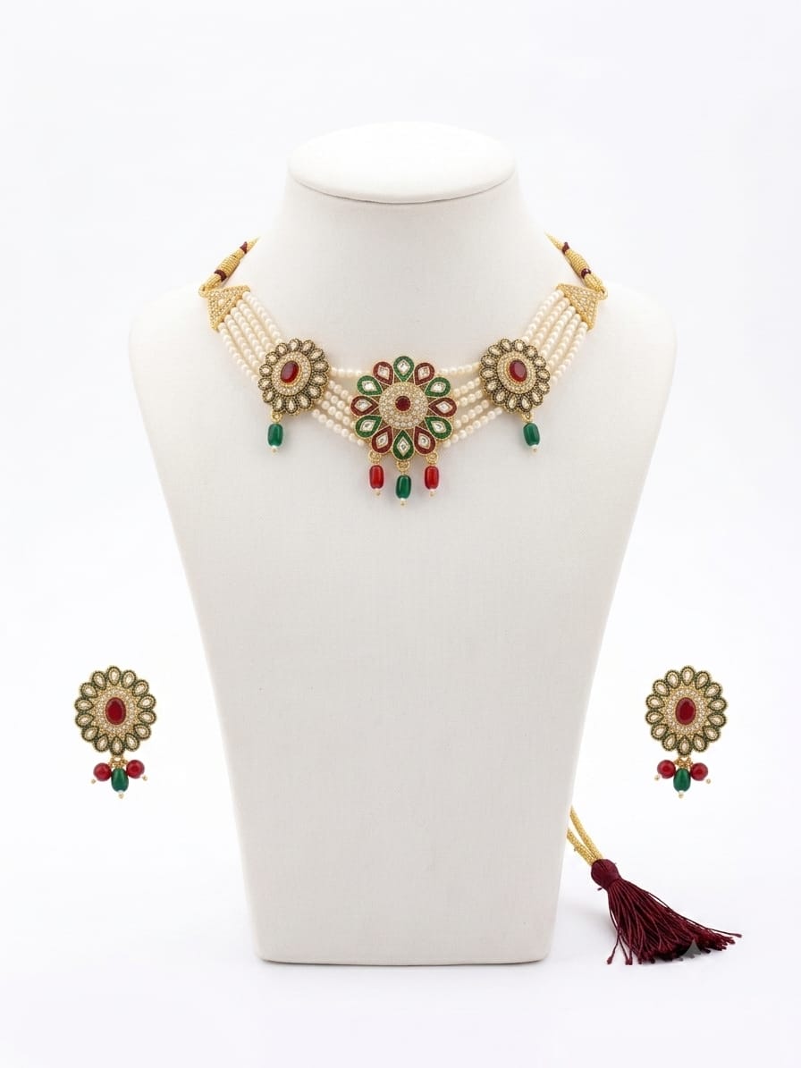 Golden color multi-strand pearl choker jewelry set - Image 3
