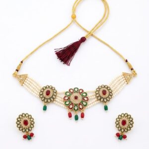 Golden color multi-strand pearl choker jewelry set