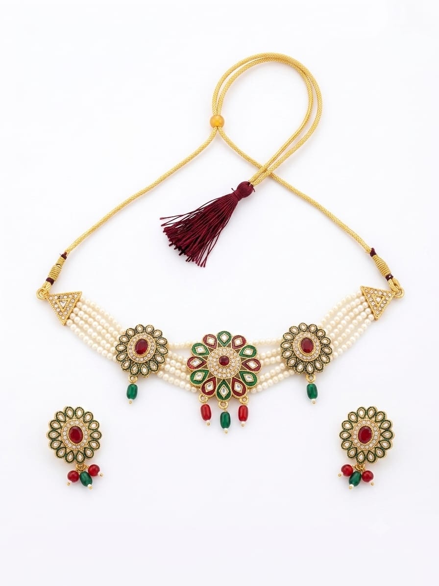 Golden color multi-strand pearl choker jewelry set