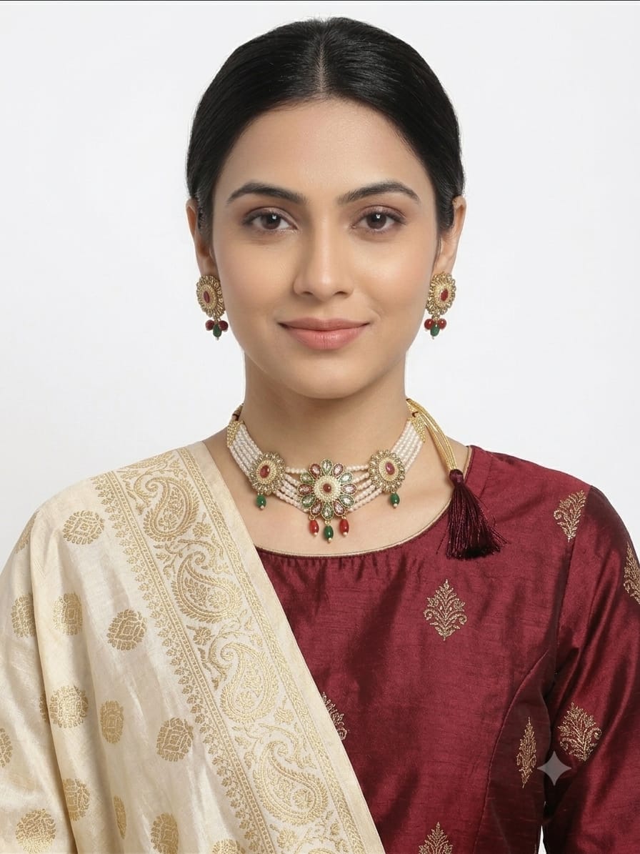 Golden color multi-strand pearl choker jewelry set - Image 5