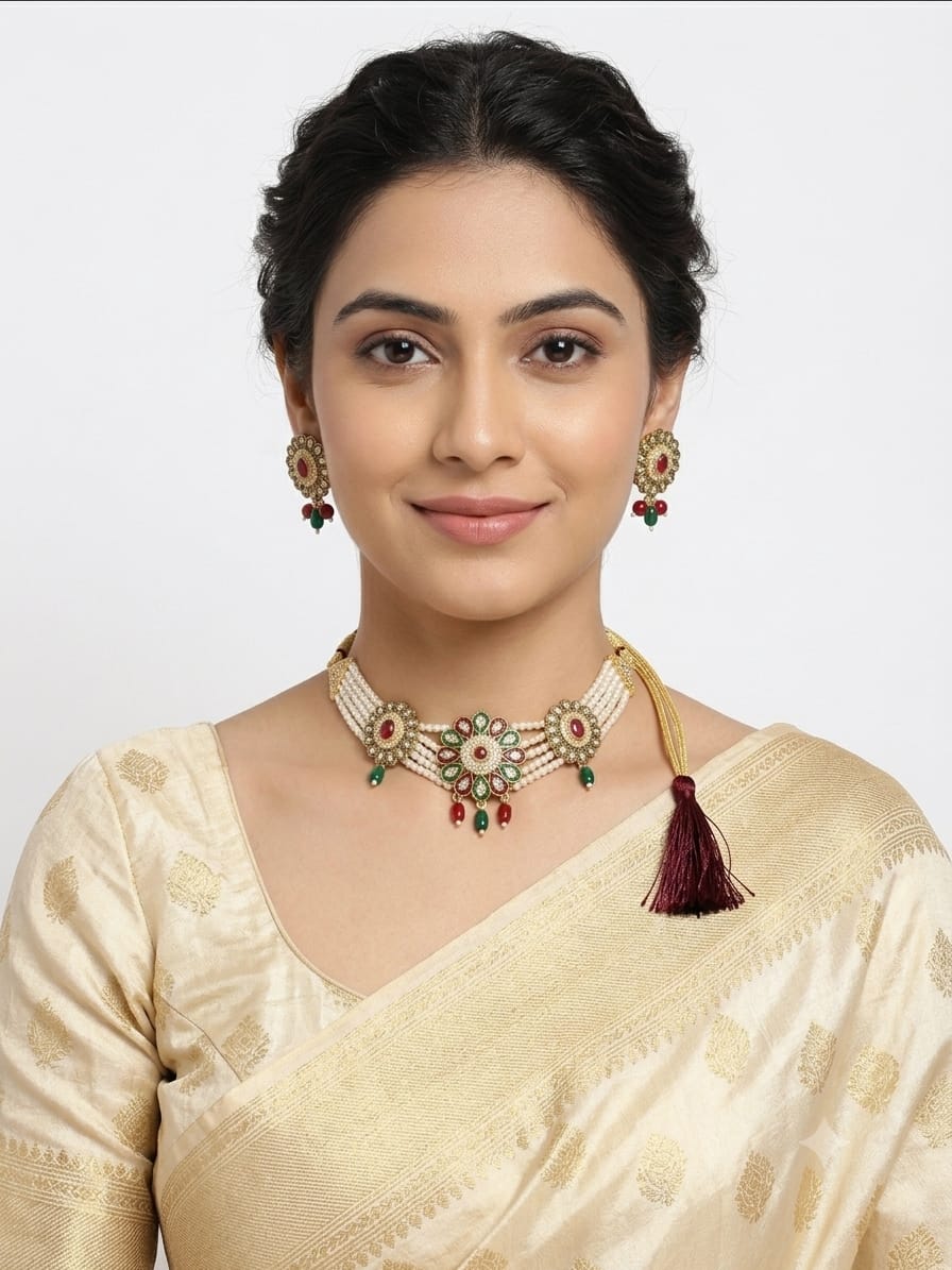 Golden color multi-strand pearl choker jewelry set - Image 4